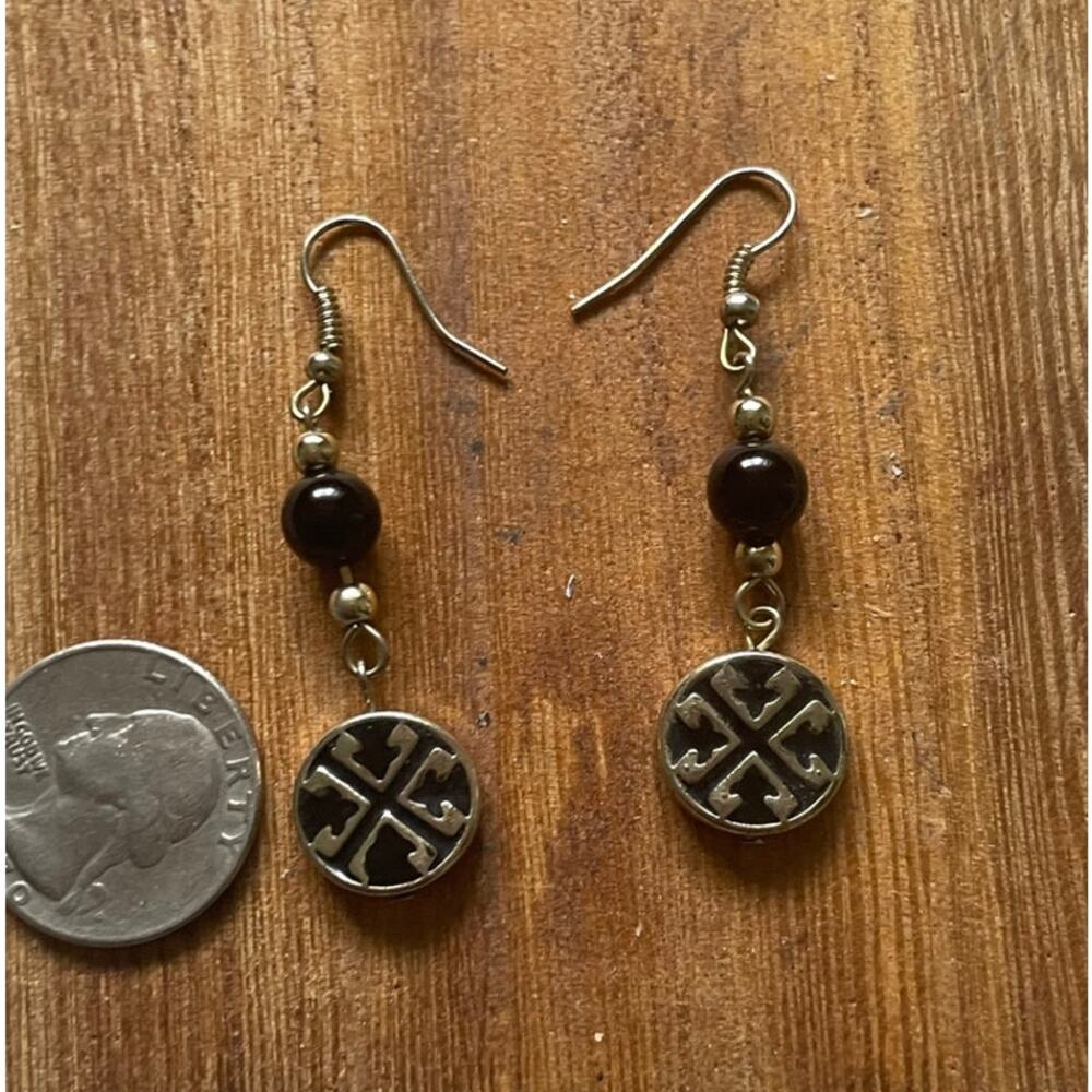 Women's/Teen Black Drop/Dangle Earrings with Gold Logo Feminine Elegant - Picture 5 of 5